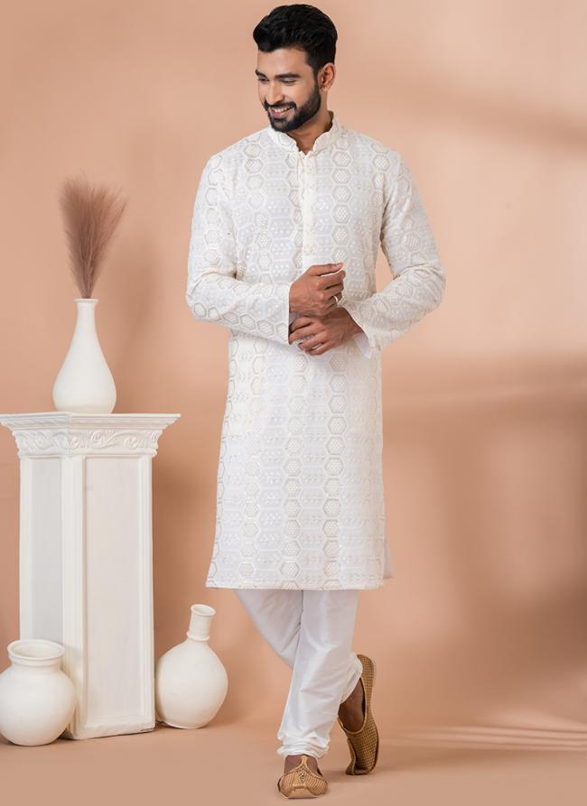 Georgette White Festival Wear Sequins Work Readymade Kurta Pajama